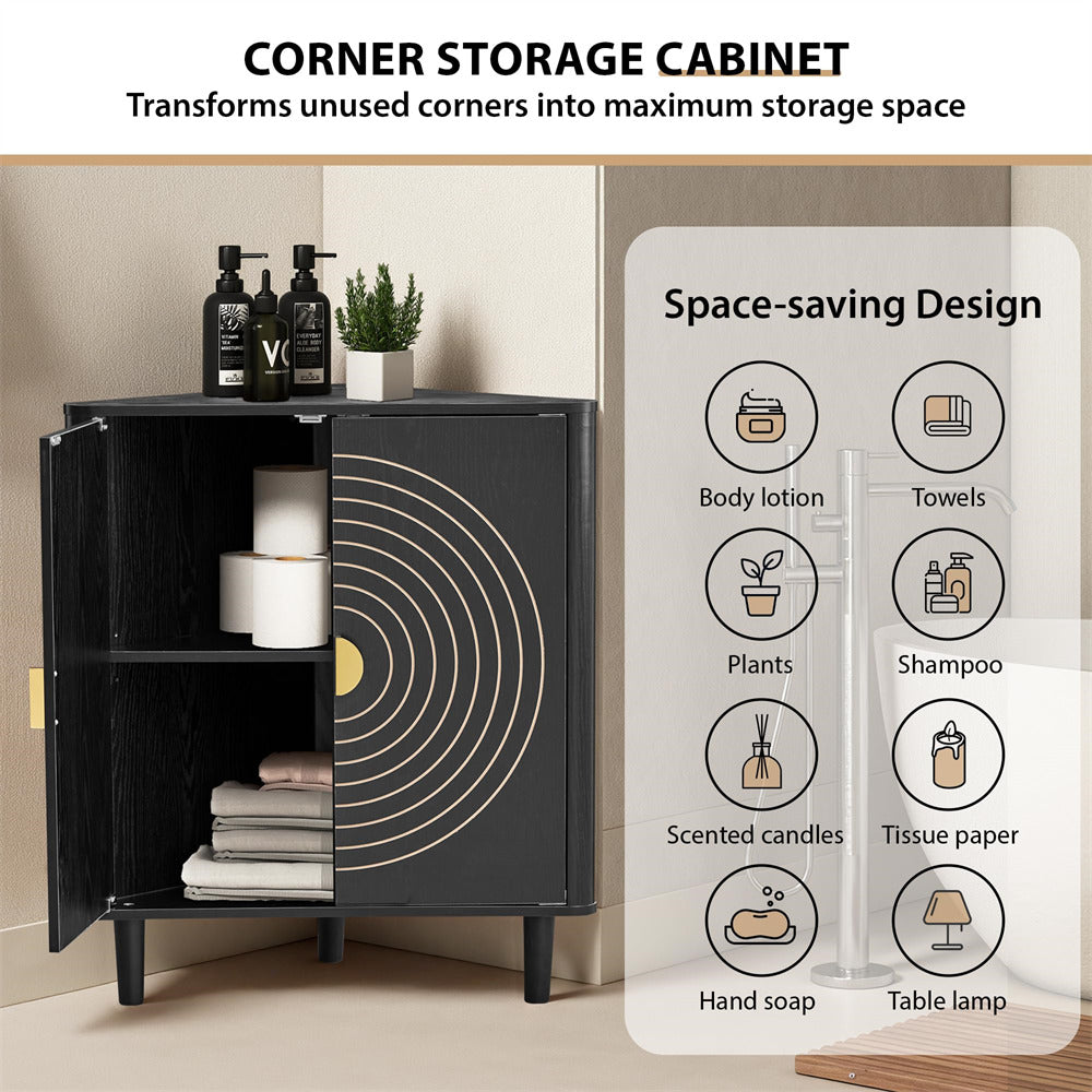 Corner storage cabinet with space-saving design features on a beige background