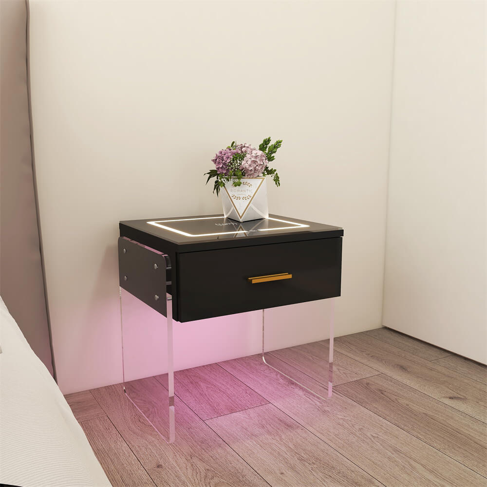 Black Modern LED Nightstand with Wireless Charging Station USB and Type-C Port