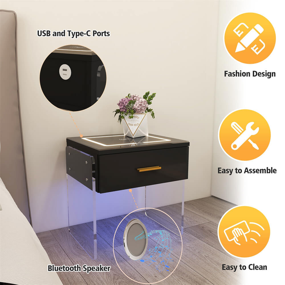 Black Modern LED Nightstand with Wireless Charging Station USB and Type-C Port