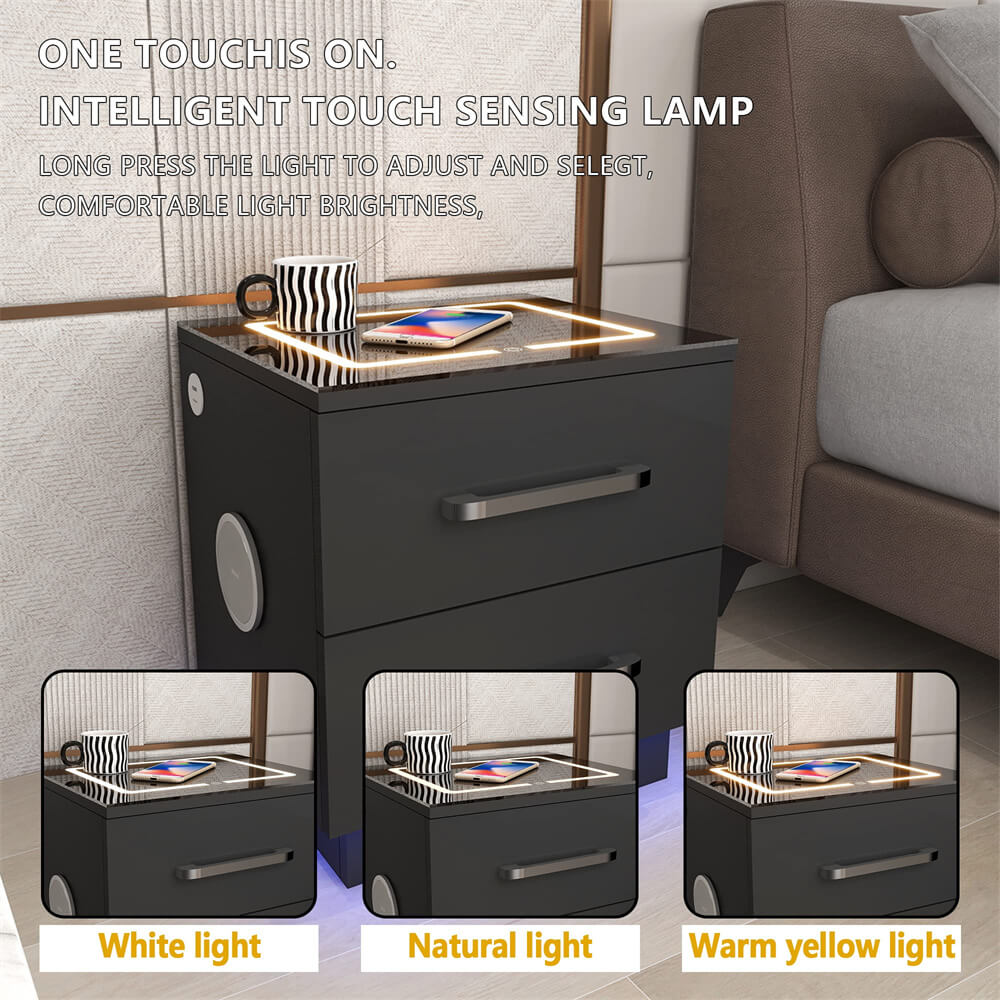 Black Modern Smart Nightstand with Charging Station Wireless and 2 Storage Drawers & LED Lights
