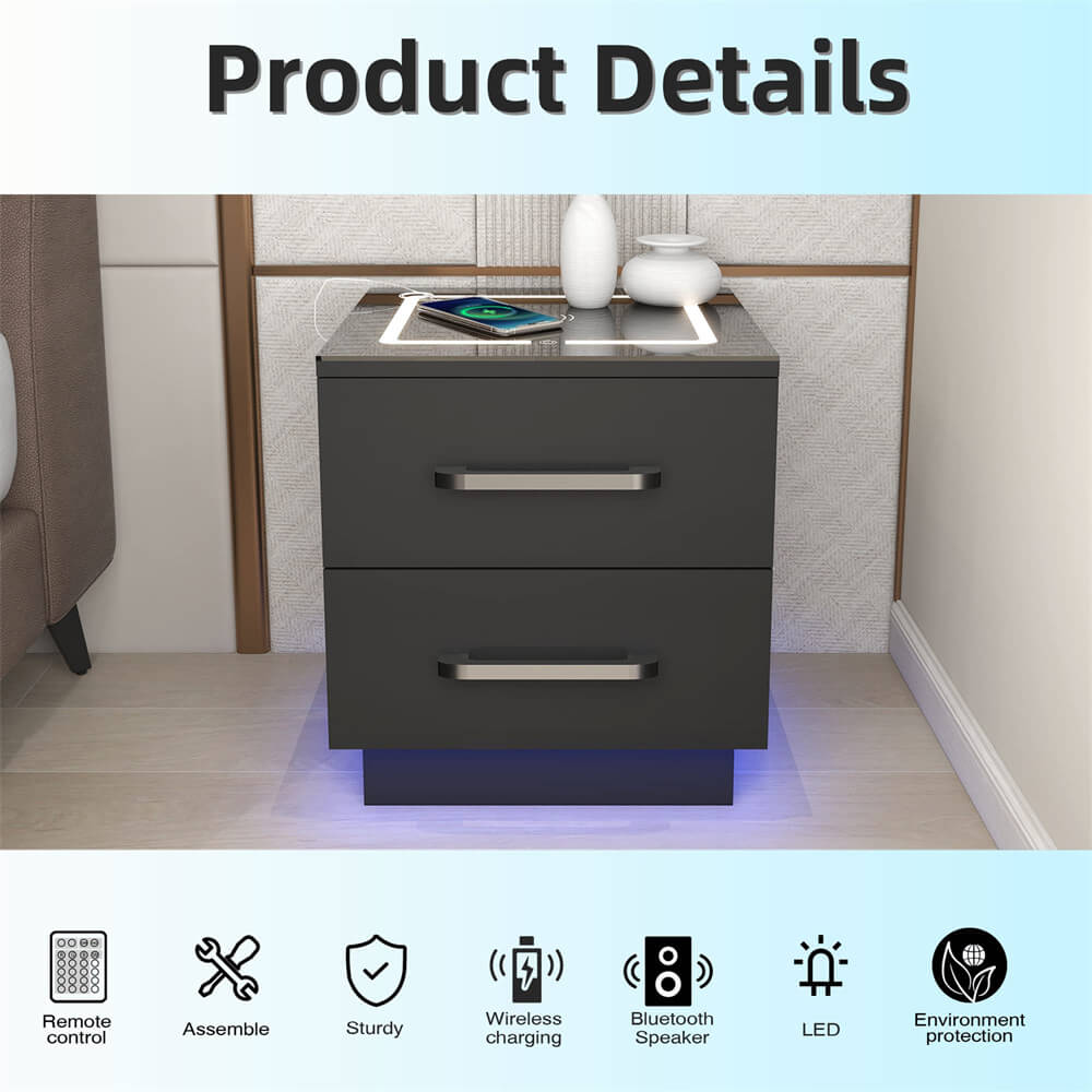 Black Modern Smart Nightstand with Charging Station Wireless and 2 Storage Drawers & LED Lights