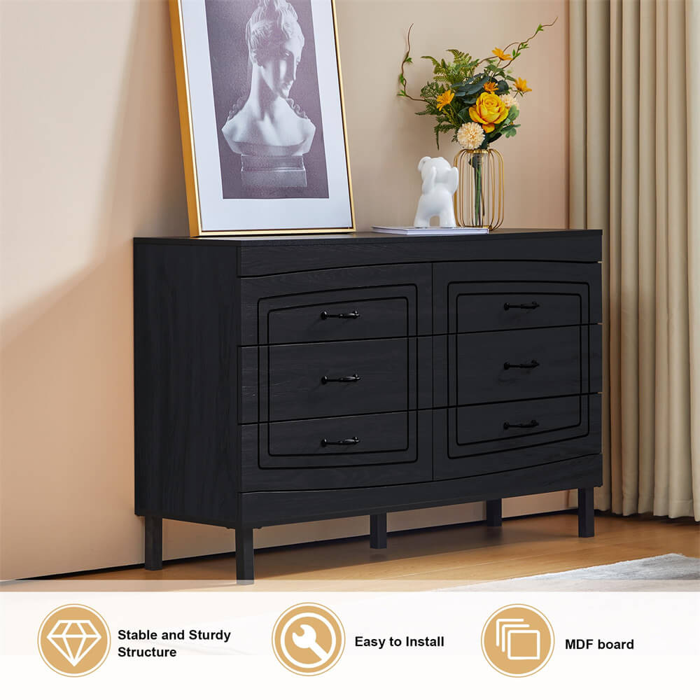 Black Modern Wood Dresser Storage Cabinet with 6 Drawers