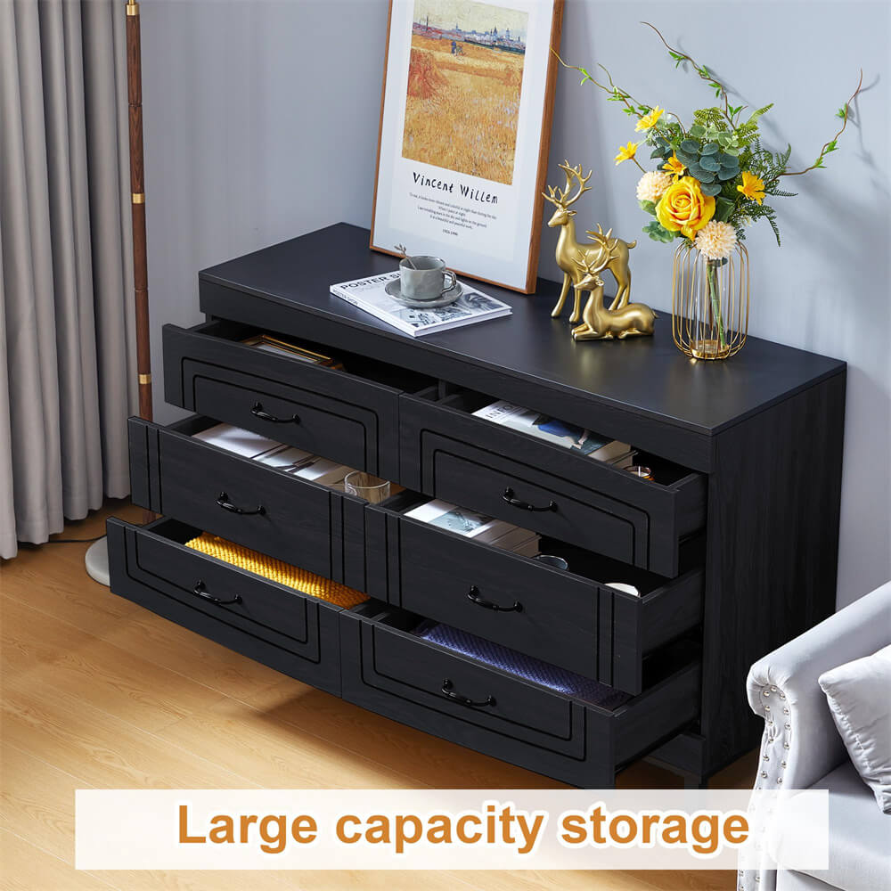 Black Modern Wood Dresser Storage Cabinet with 6 Drawers