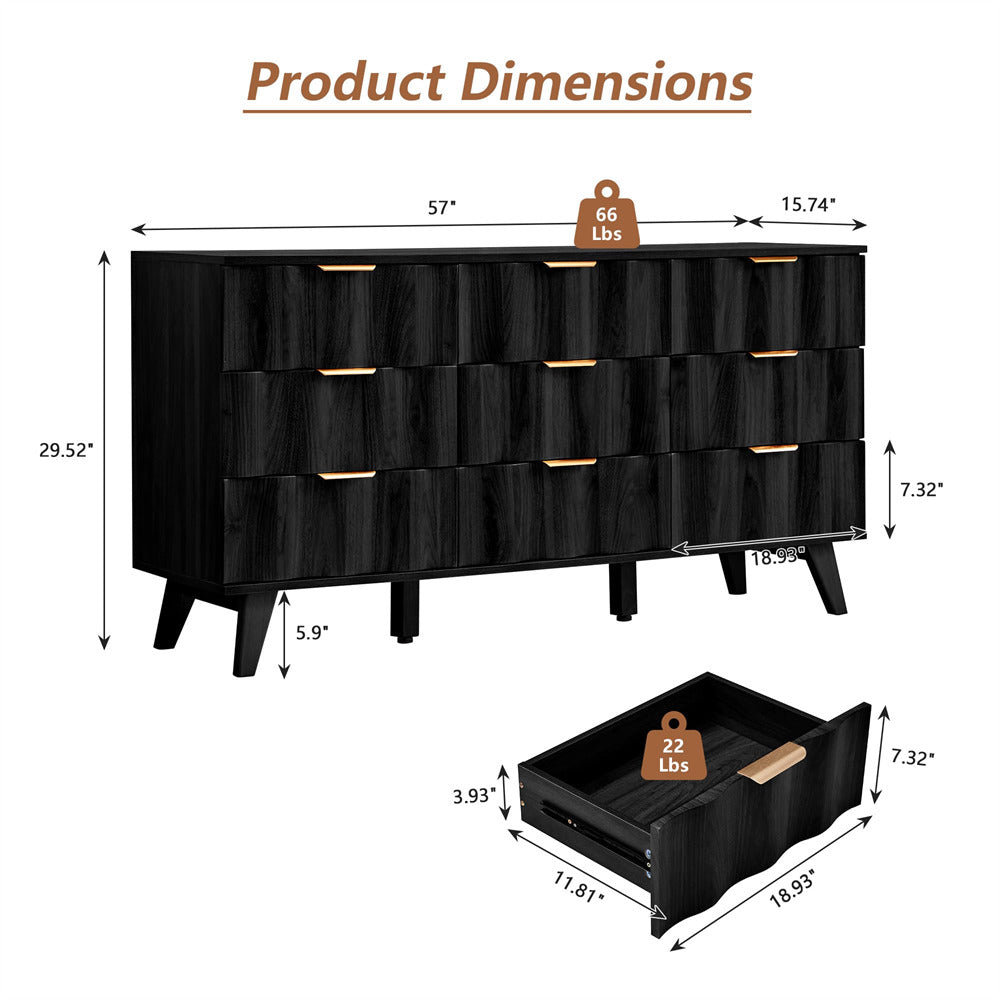 Black dresser with dimensions and weight label on a white background