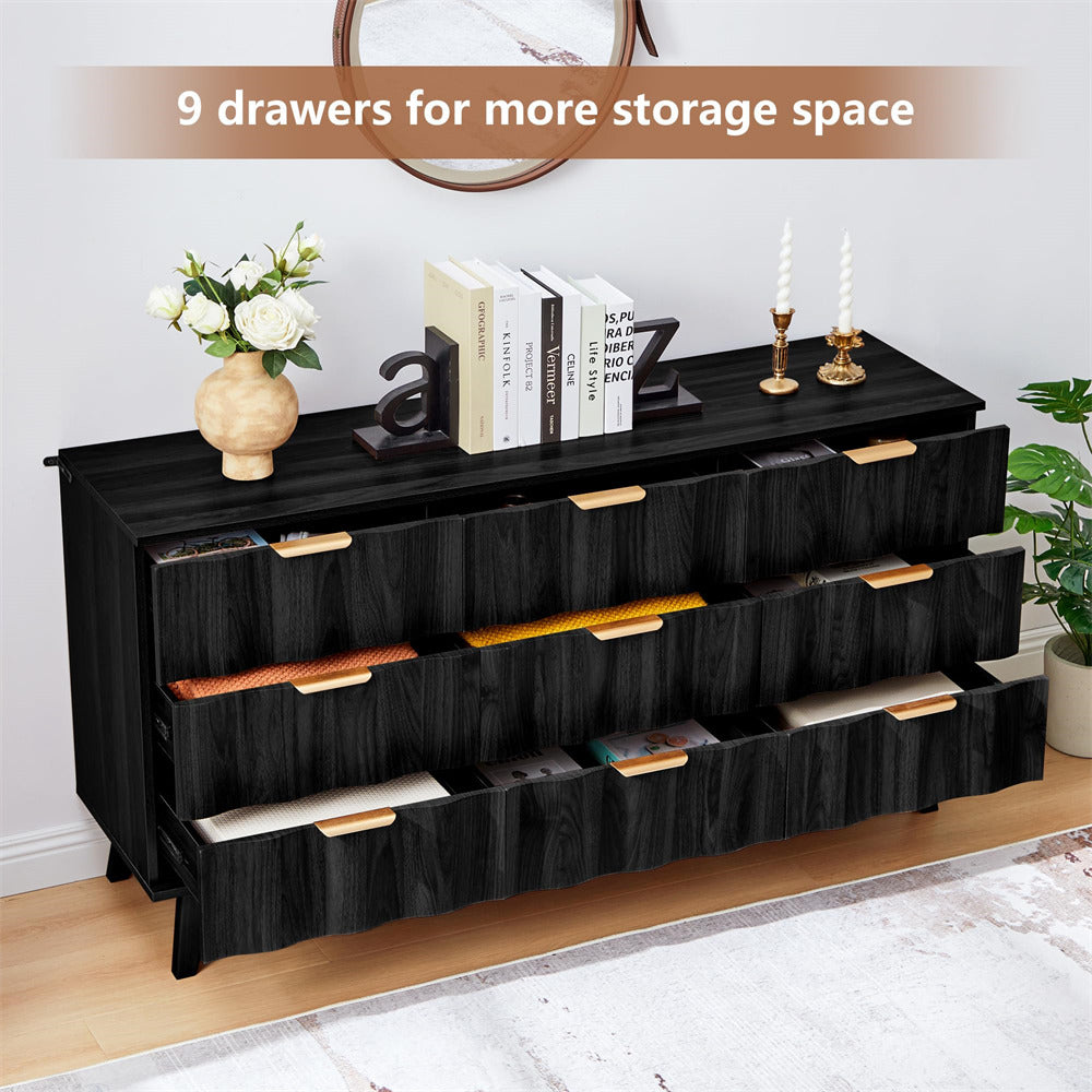 Black dresser with multiple drawers in a room setting