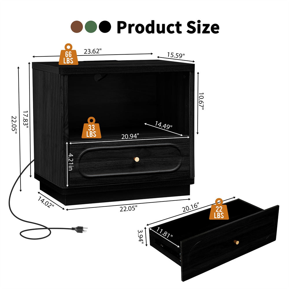 Black nightstand with measurements and weight indicators on a white background