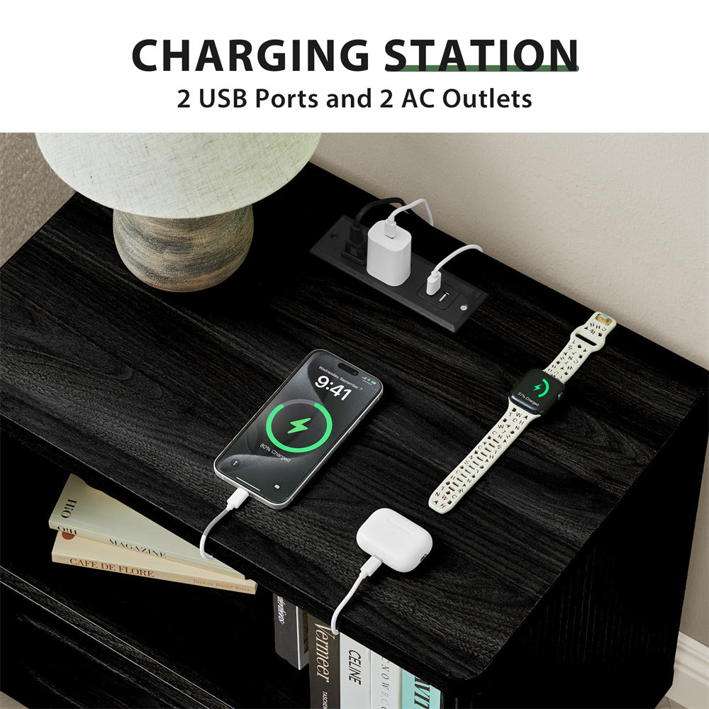 Charging station with 2 USB ports and 2 AC outlets on a wooden surface.