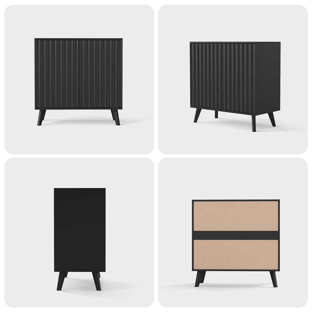 Four different views of a black cabinet on a white background