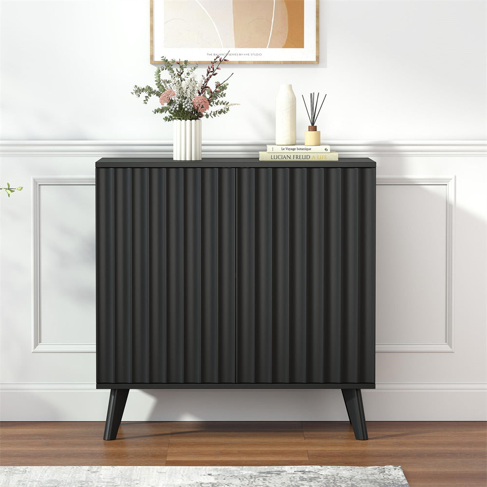 Black Modern Wood Fluted Storage Cabinet Sideboard with 2 Doors