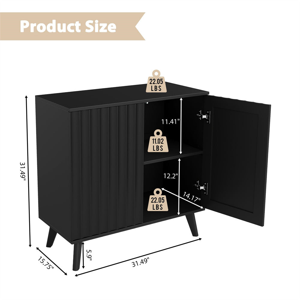 Black Modern Wood Fluted Storage Cabinet Sideboard with 2 Doors