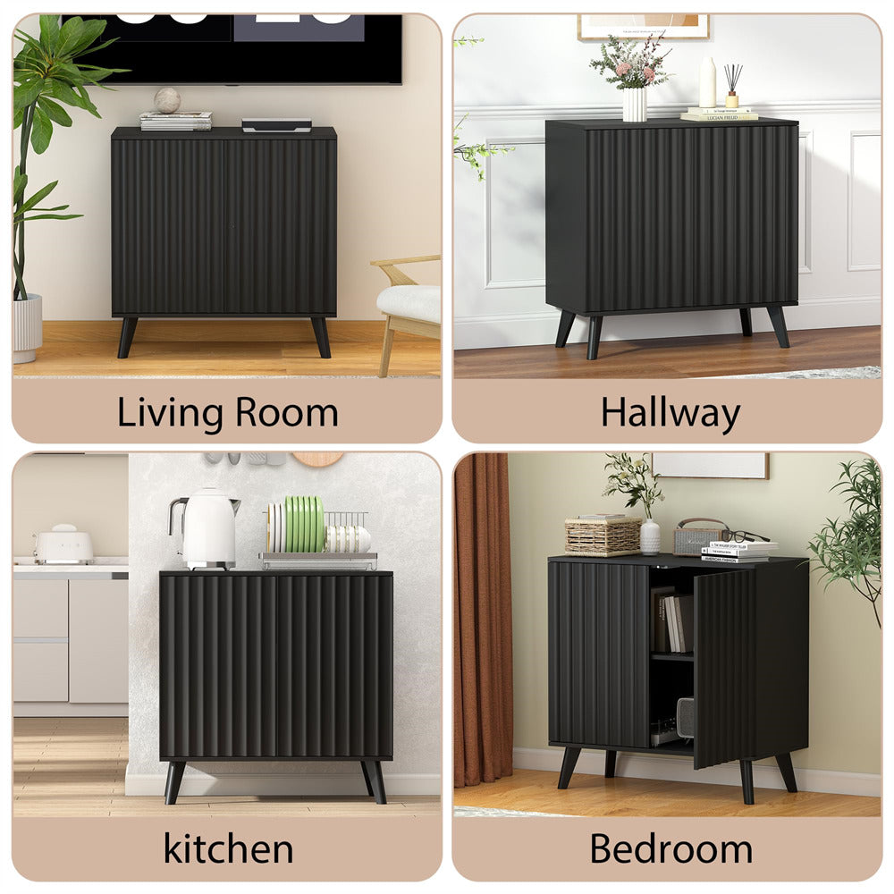 Black Modern Wood Fluted Storage Cabinet Sideboard with 2 Doors