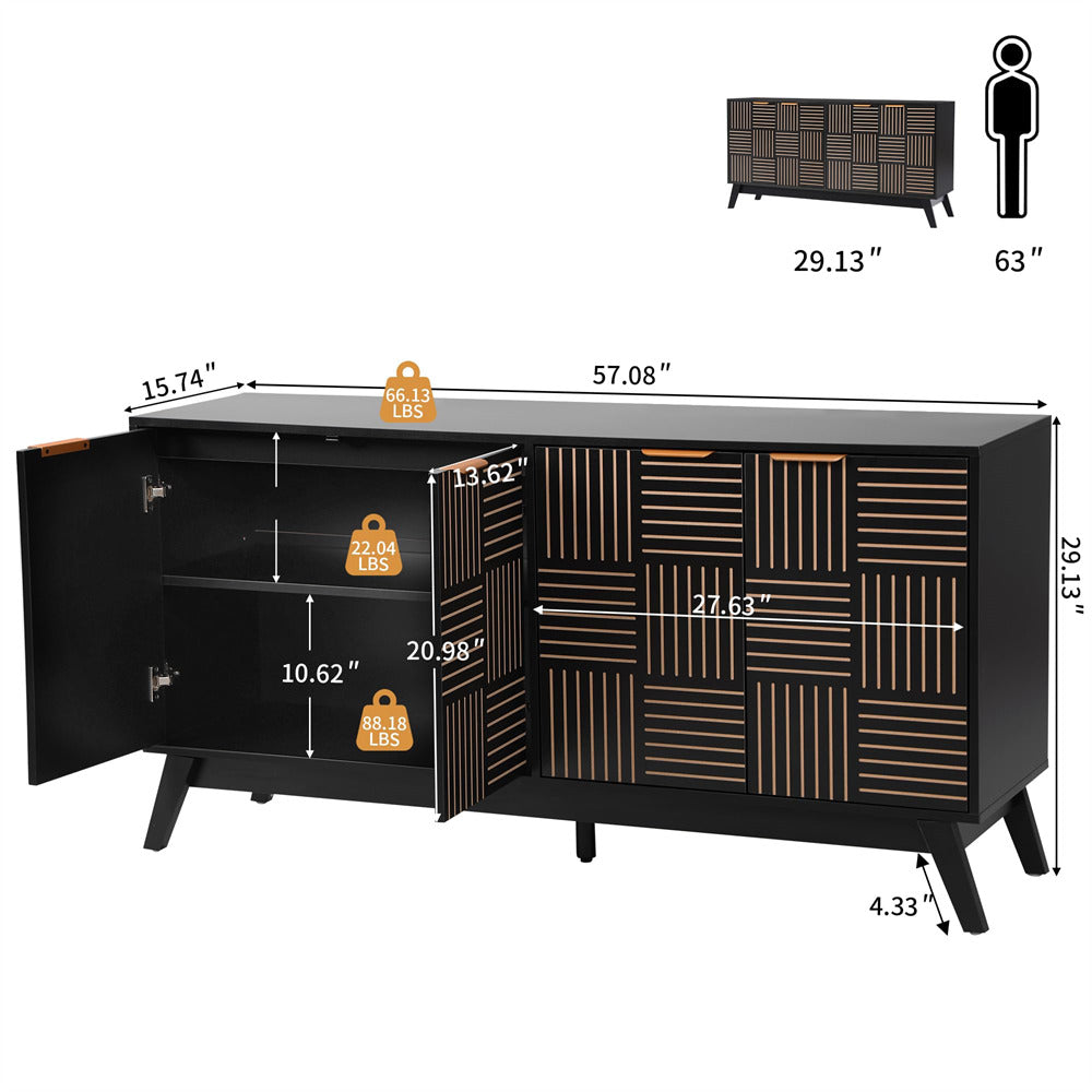 Black sideboard with measurements and weight indicators on a white background