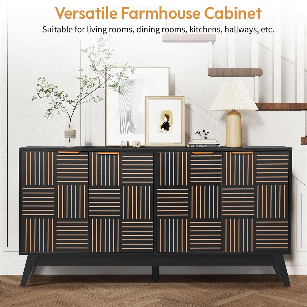 Black and gold patterned cabinet in a room setting with decor items.