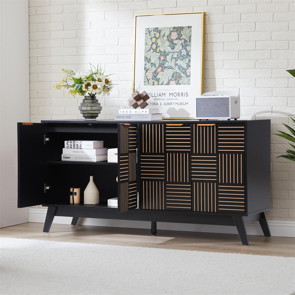 Black sideboard with decorative items against a white brick wall