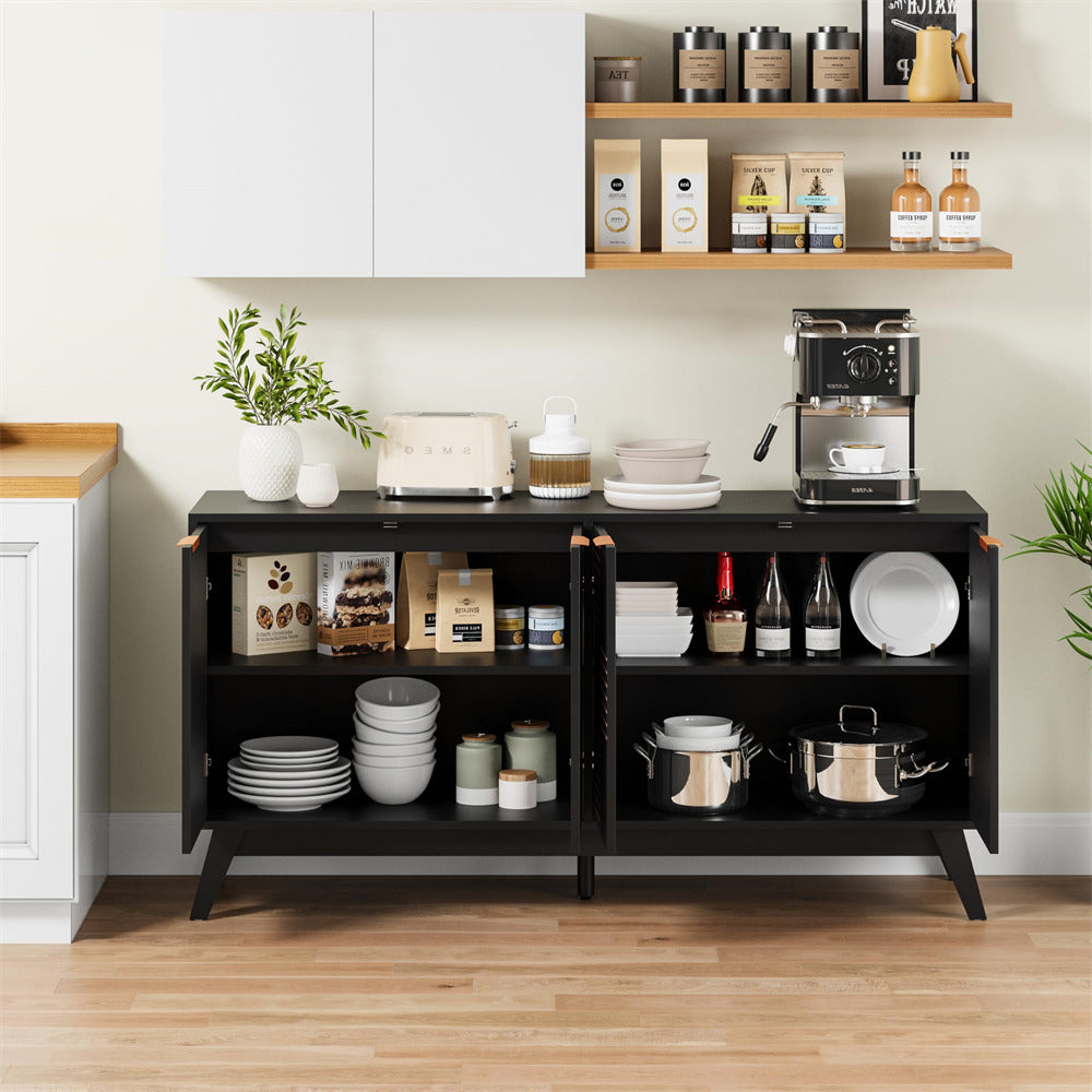 Black storage cabinet in a kitchen with various kitchen items on shelves