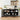 Black storage cabinet in a kitchen with various kitchen items on shelves