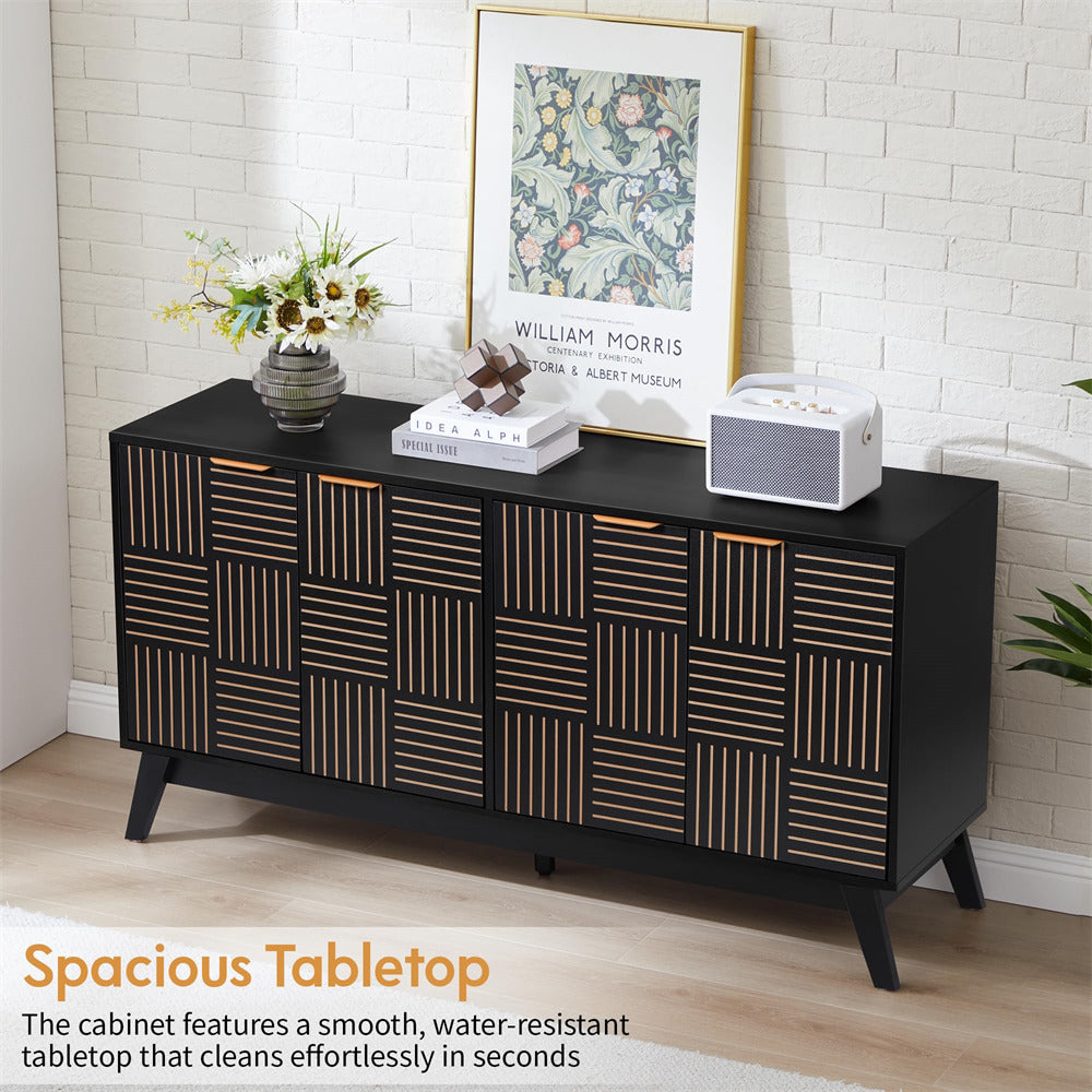 Black cabinet with geometric pattern on a wooden floor, featuring decor items.