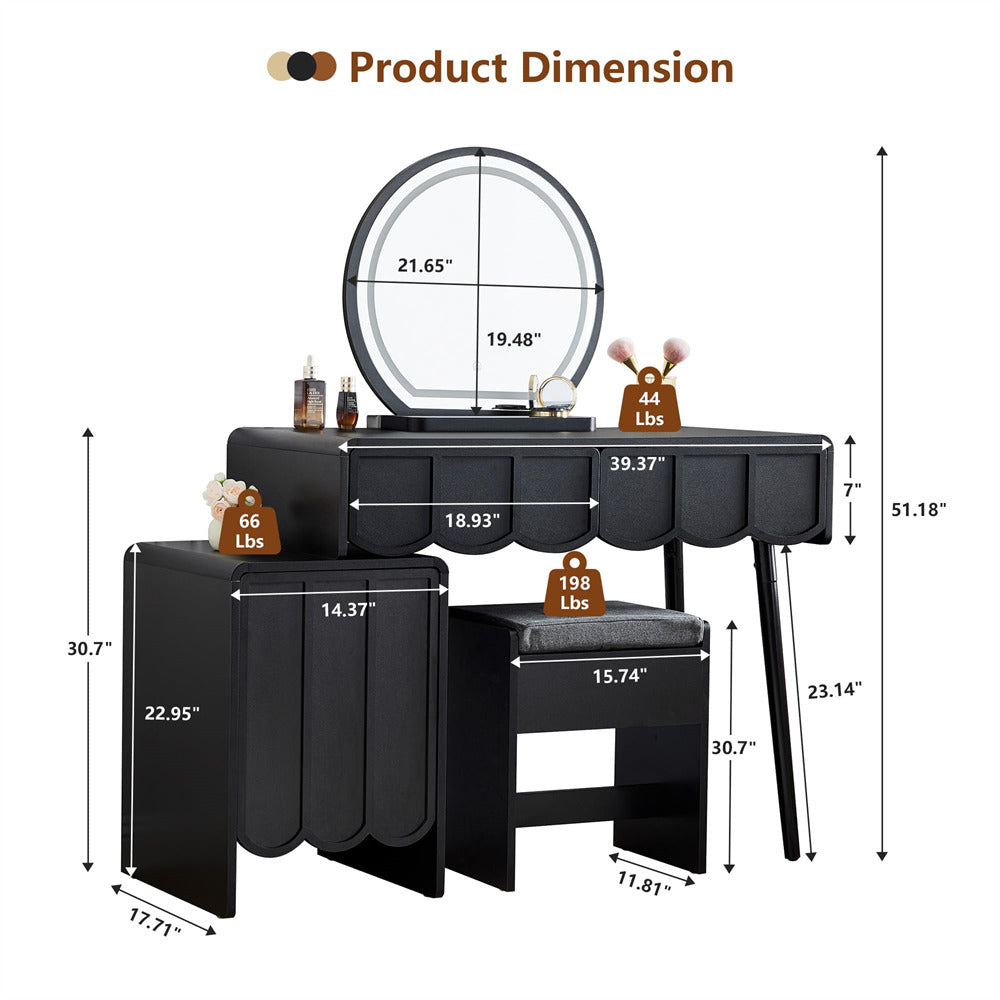 Black vanity table with mirror and dimensions displayed