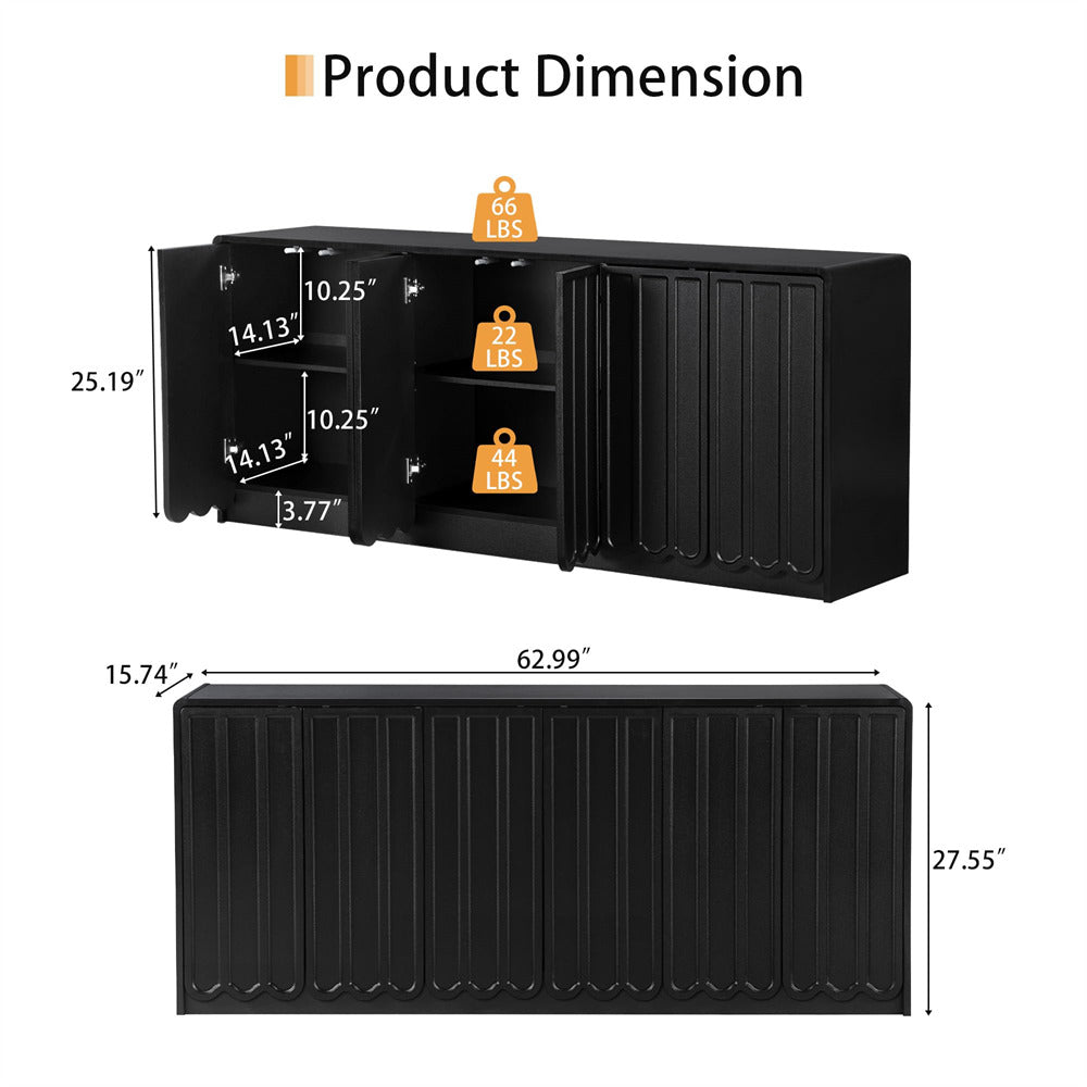 Black storage cabinet with dimensions labeled on a white background
