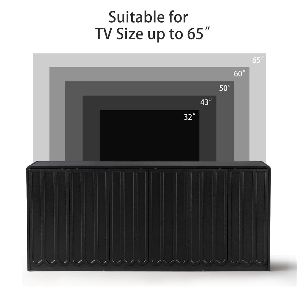 Black TV stand with measurement scale for TV sizes up to 65 inches on a white background.