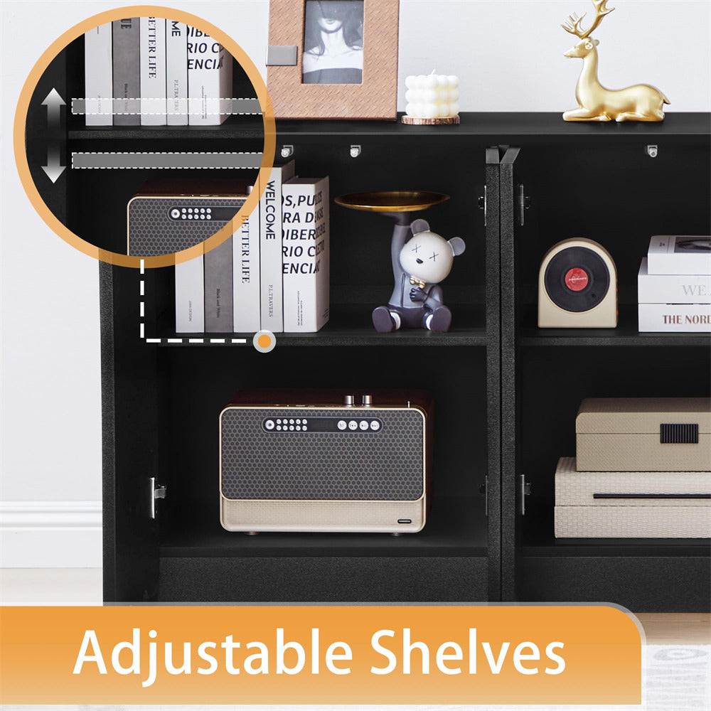 Black bookshelf with adjustable shelves displaying books, a radio, and decorative items.