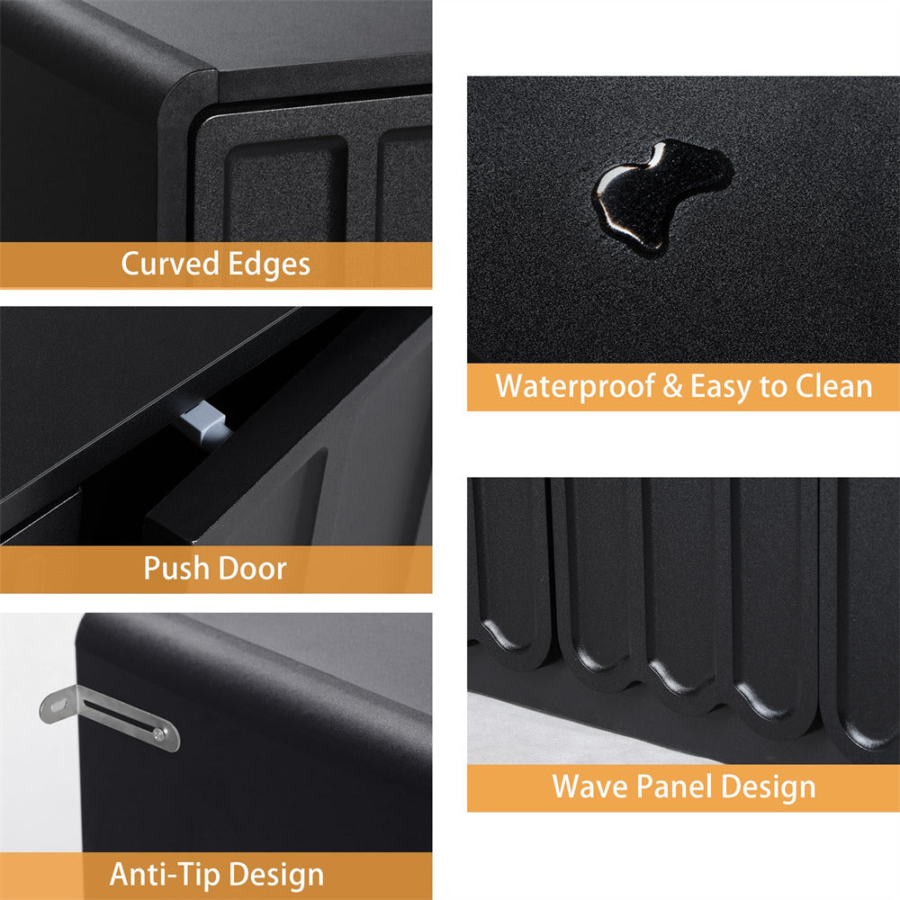 Collage of features including curved edges, waterproof design, push door, anti-tip design, and wave panel design on a black storage unit.