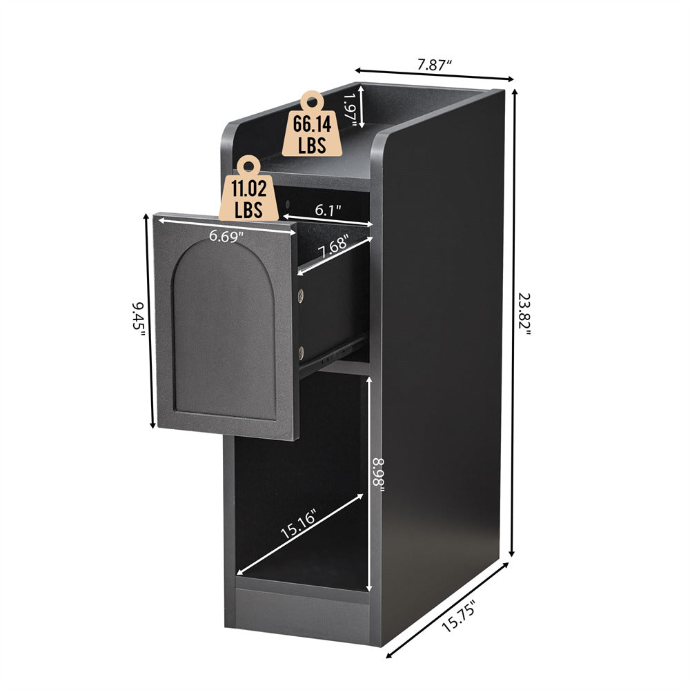 Black metal cabinet with dimensions and weight tags on a white background