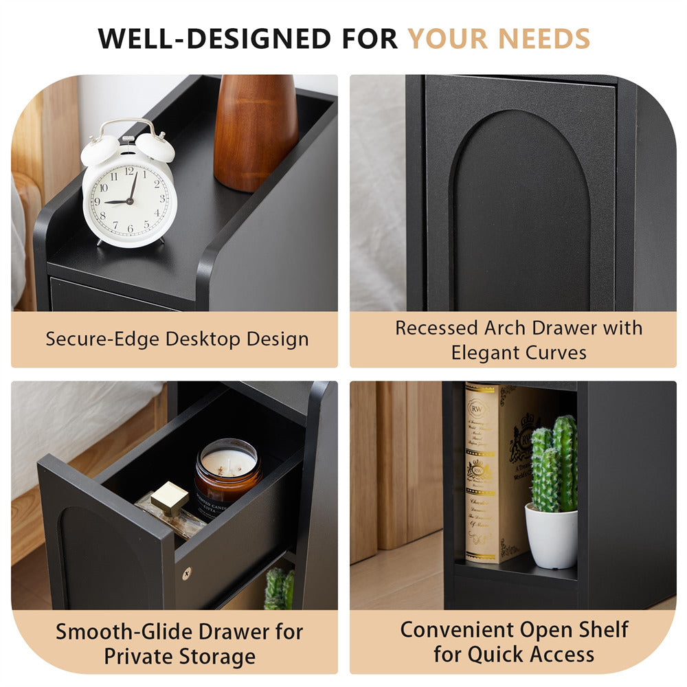 Black desk with features highlighted, including a secure-edge desktop, recessed arch drawer, smooth-glide drawer, and open shelf.