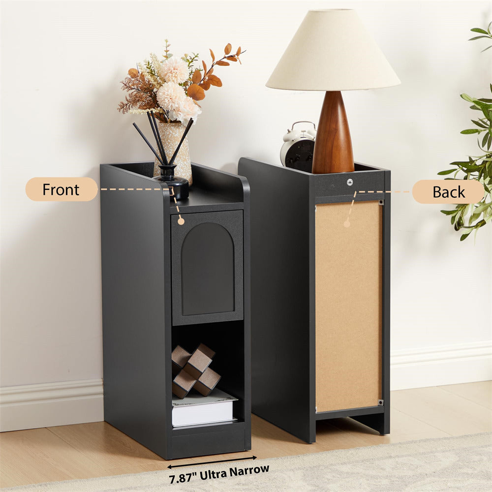 Black narrow side table with front and back views, showing dimensions, in a room setting.