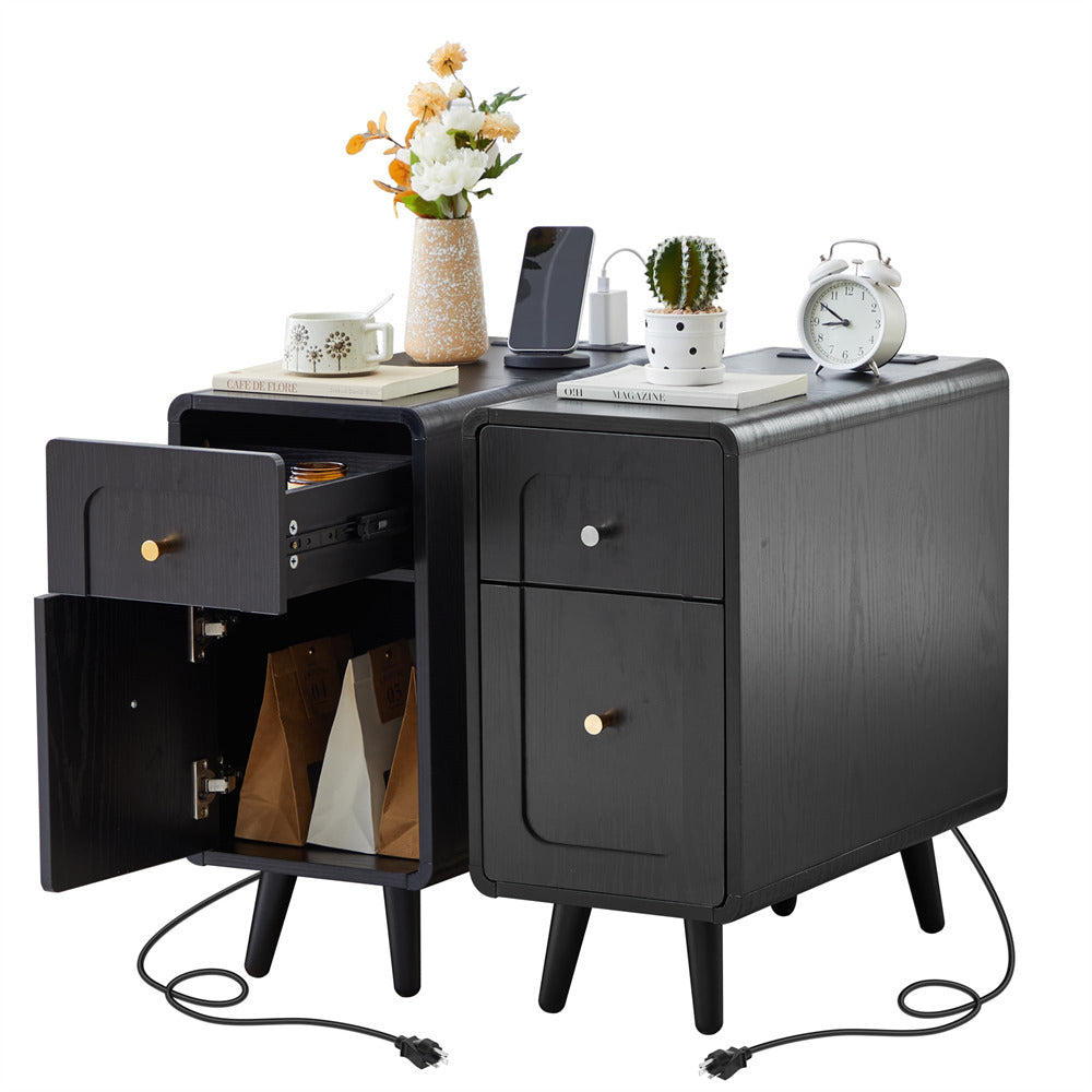 Black Narrow Side Table Set of 2 Wood Nightstand with Charging Station & Storage