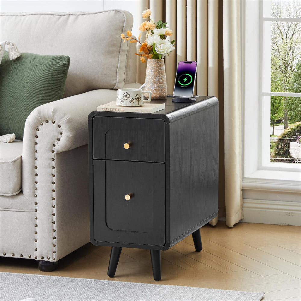 Black Narrow Side Table Wood Nightstand with Charging Station & Storage