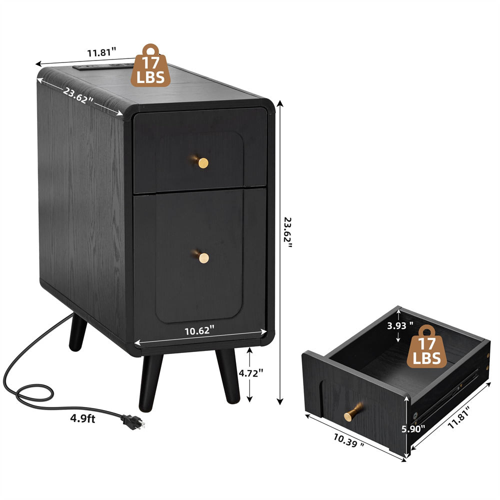 Black two-drawer nightstand with dimension callouts, weight badge showing 17 LBS, and an inset showing the open drawer with measurements.
