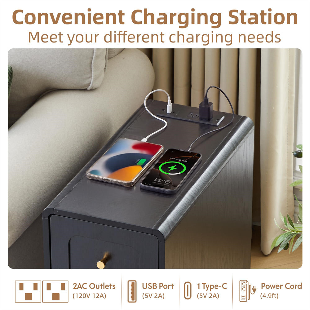 Black Narrow Side Table Wood Nightstand with Charging Station & Storage