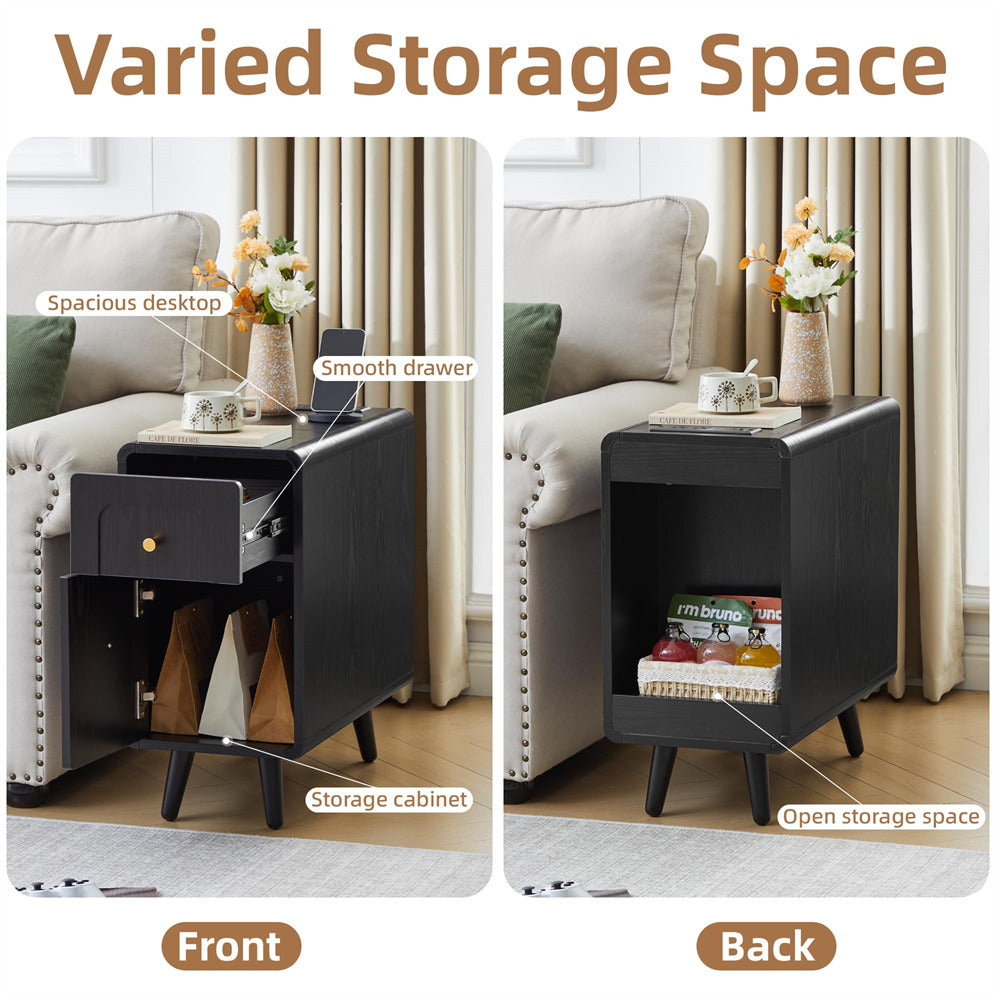 Black Narrow Side Table Wood Nightstand with Charging Station & Storage