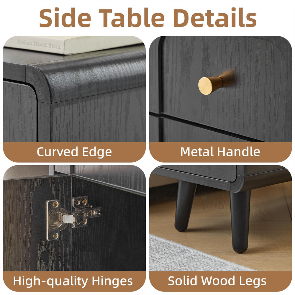 Four-panel product detail collage for a side table, showing curved edges, a metal knob, high-quality hinges, and solid wood legs, with the heading 'Side Table Details'.