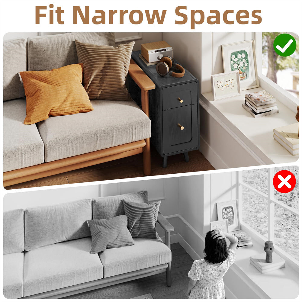 A split-screen comparison showing a sofa in a real living room with and without narrow window seat extensions. The top half is in color and shows the sofa fitting under the windows with decorative pillows and a side table; the bottom half is in black and white and shows a child reaching under the windows.