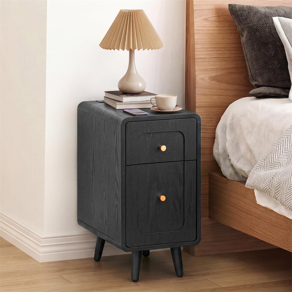 Black Narrow Side Table Wood Nightstand with Charging Station & Storage