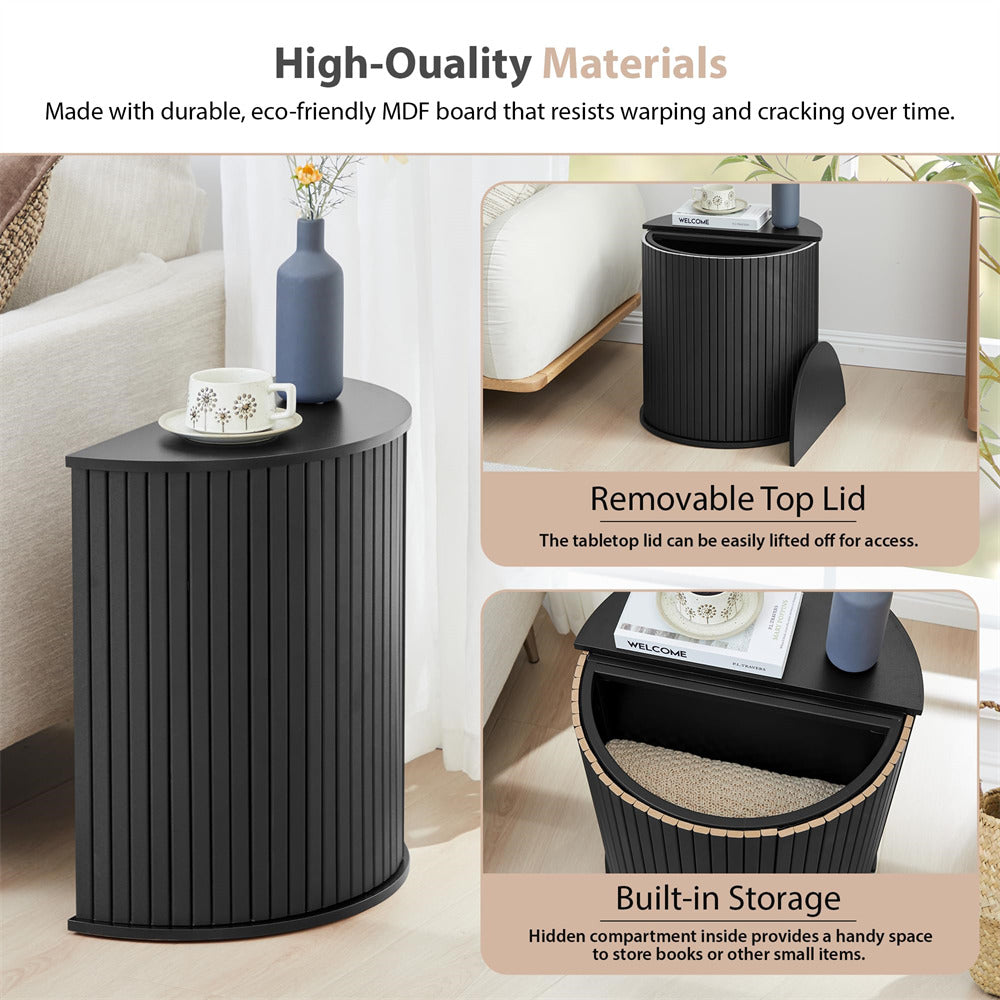 Black side table with features highlighted on a white background