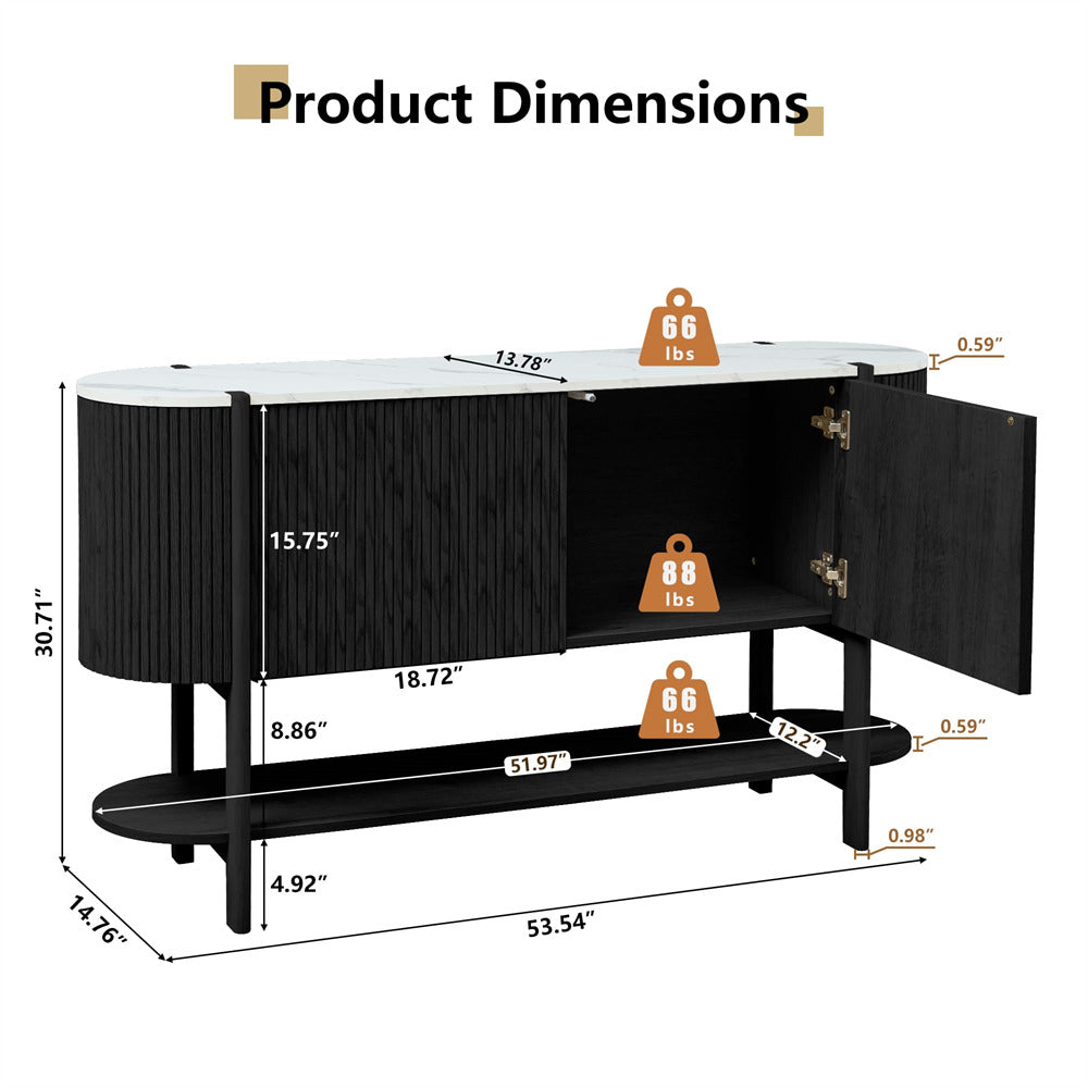Dimensions of a black and white sideboard with weight indicators.