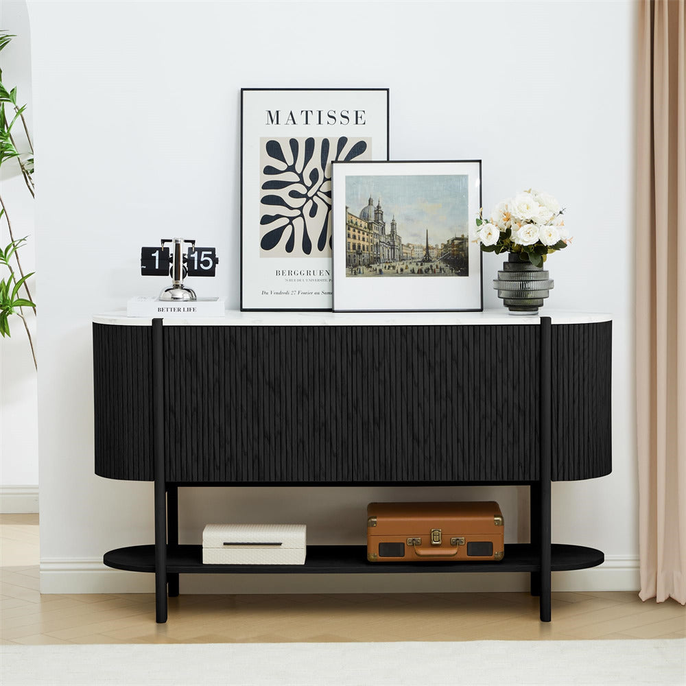 Modern black console table with decorative items in a room setting
