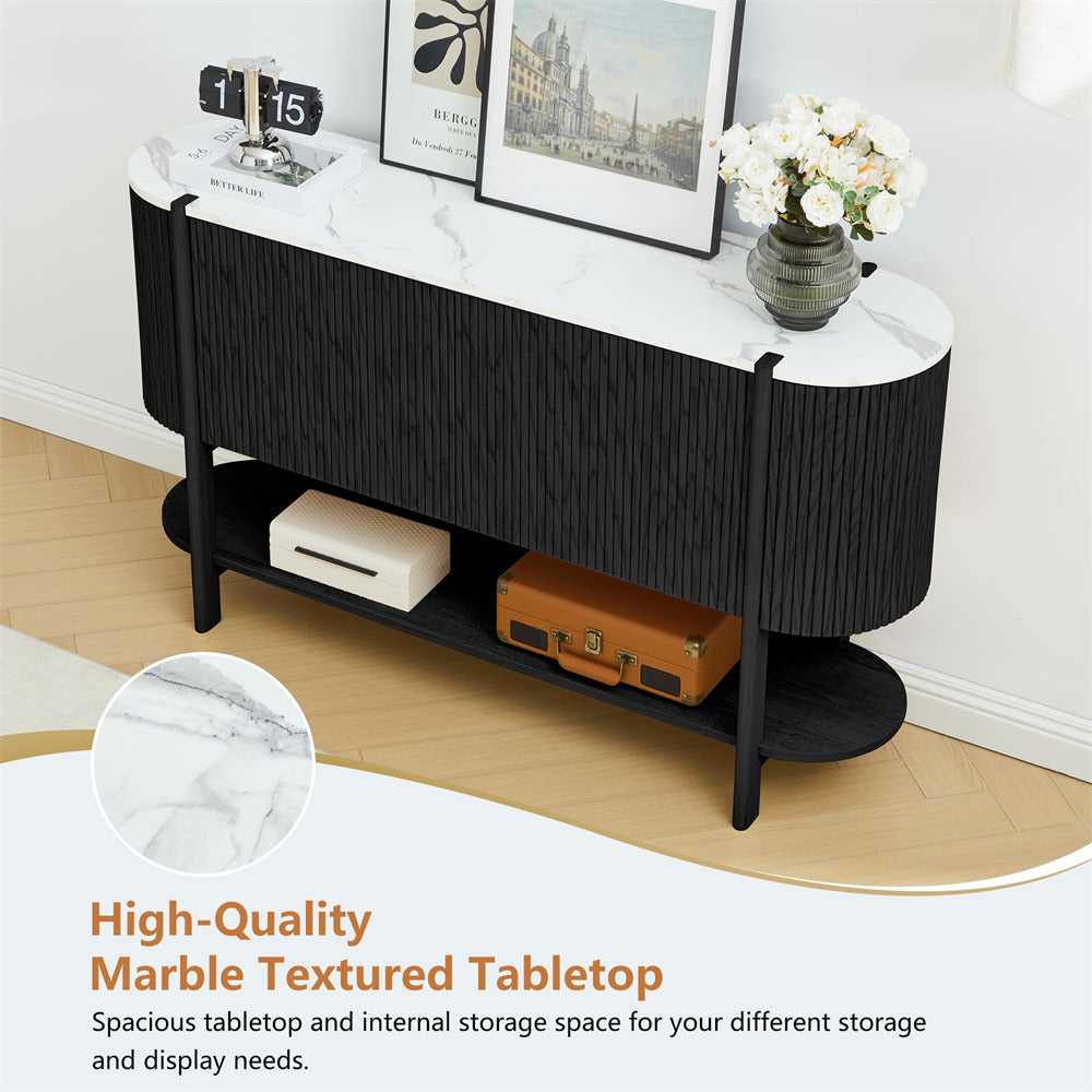 Black and white console table with marble-textured top in a room setting.