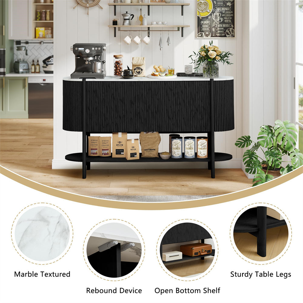 Black sideboard with marble-textured finish in a kitchen setting, featuring open bottom shelf and sturdy legs.