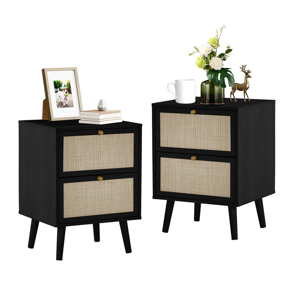 Black Rattan Nightstand Storage Side Table with 2 Drawers