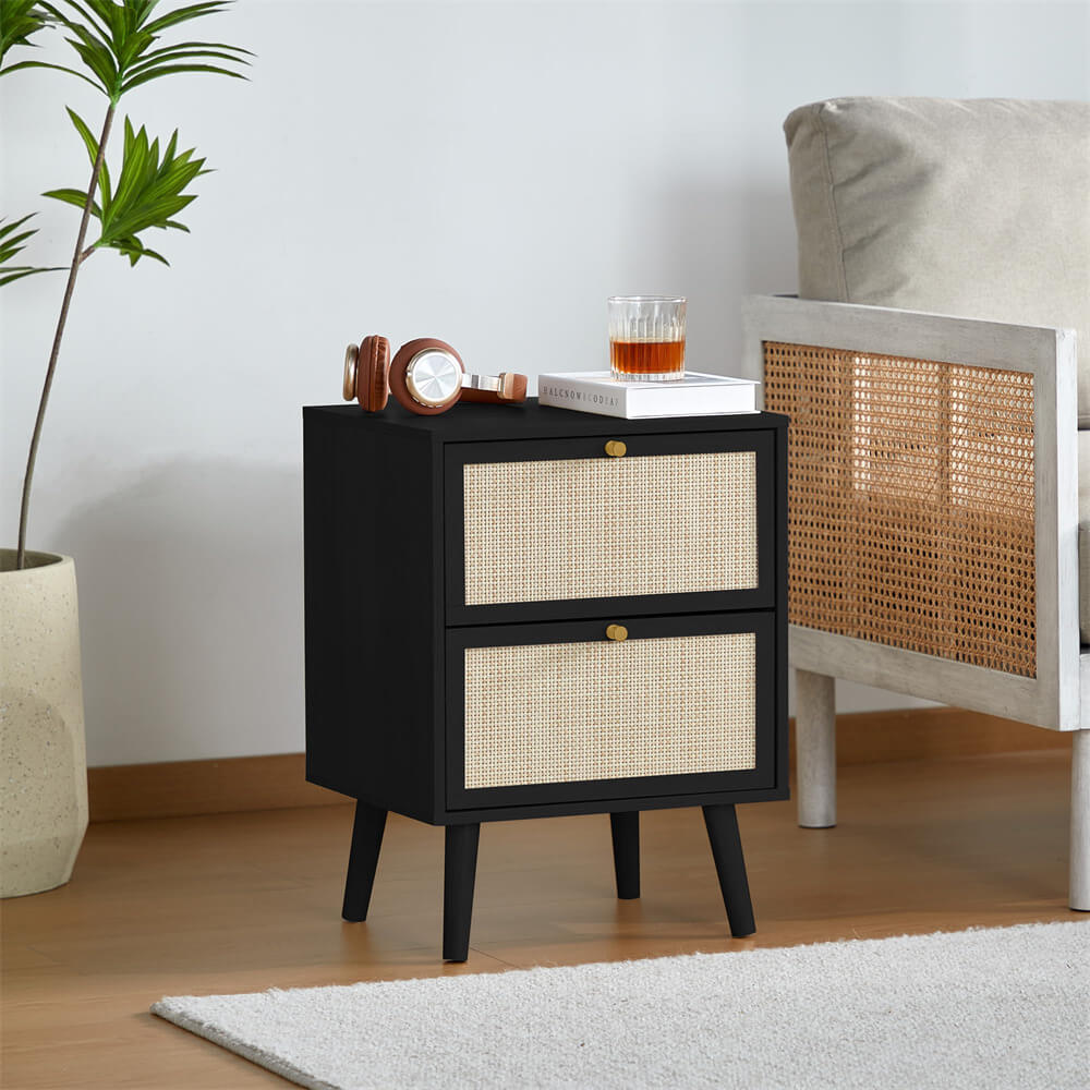 Black Rattan Nightstand Storage Side Table with 2 Drawers