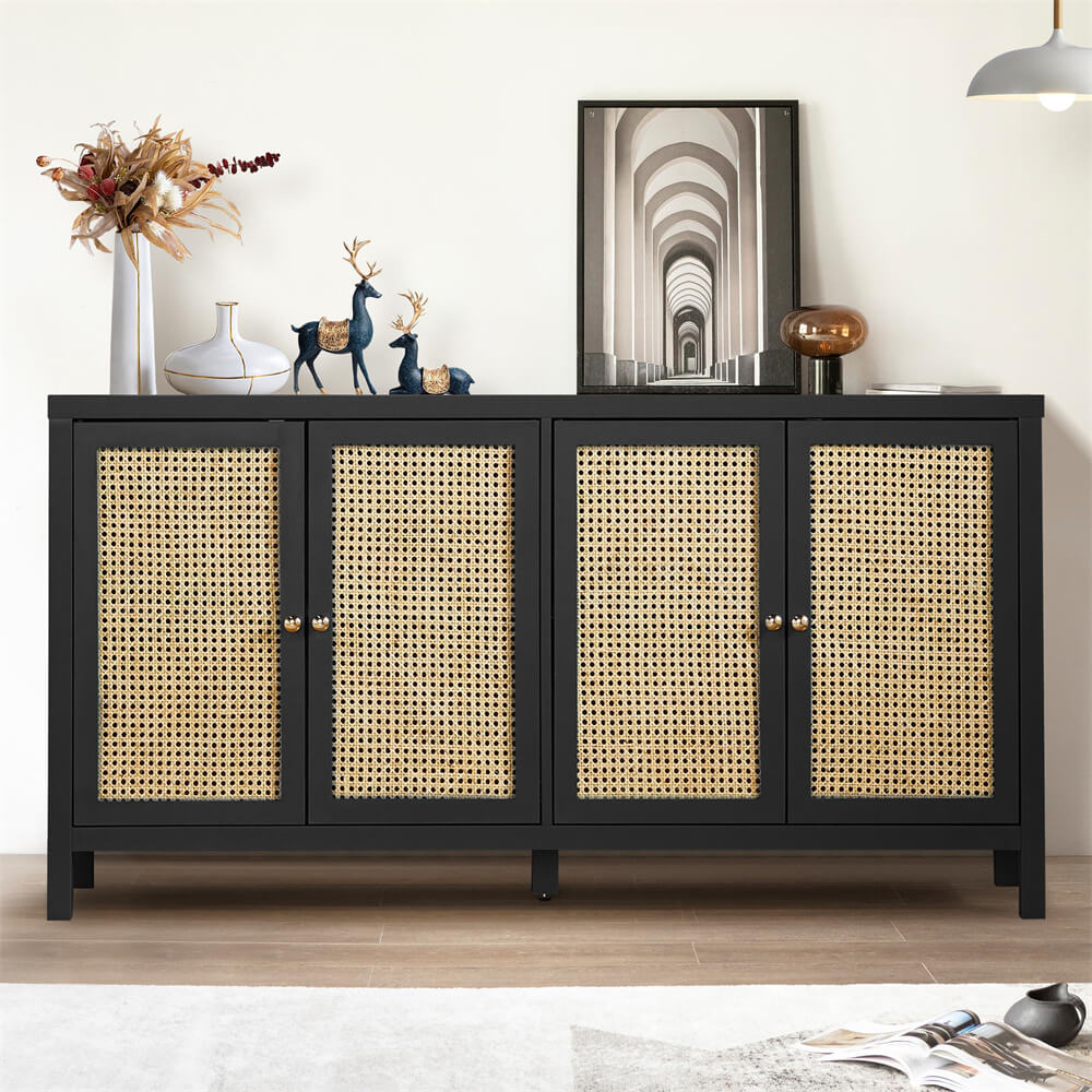 Rattan Storage Cabinet Sideboard Buffet Black with 4 Doors and Adjustable Shelves