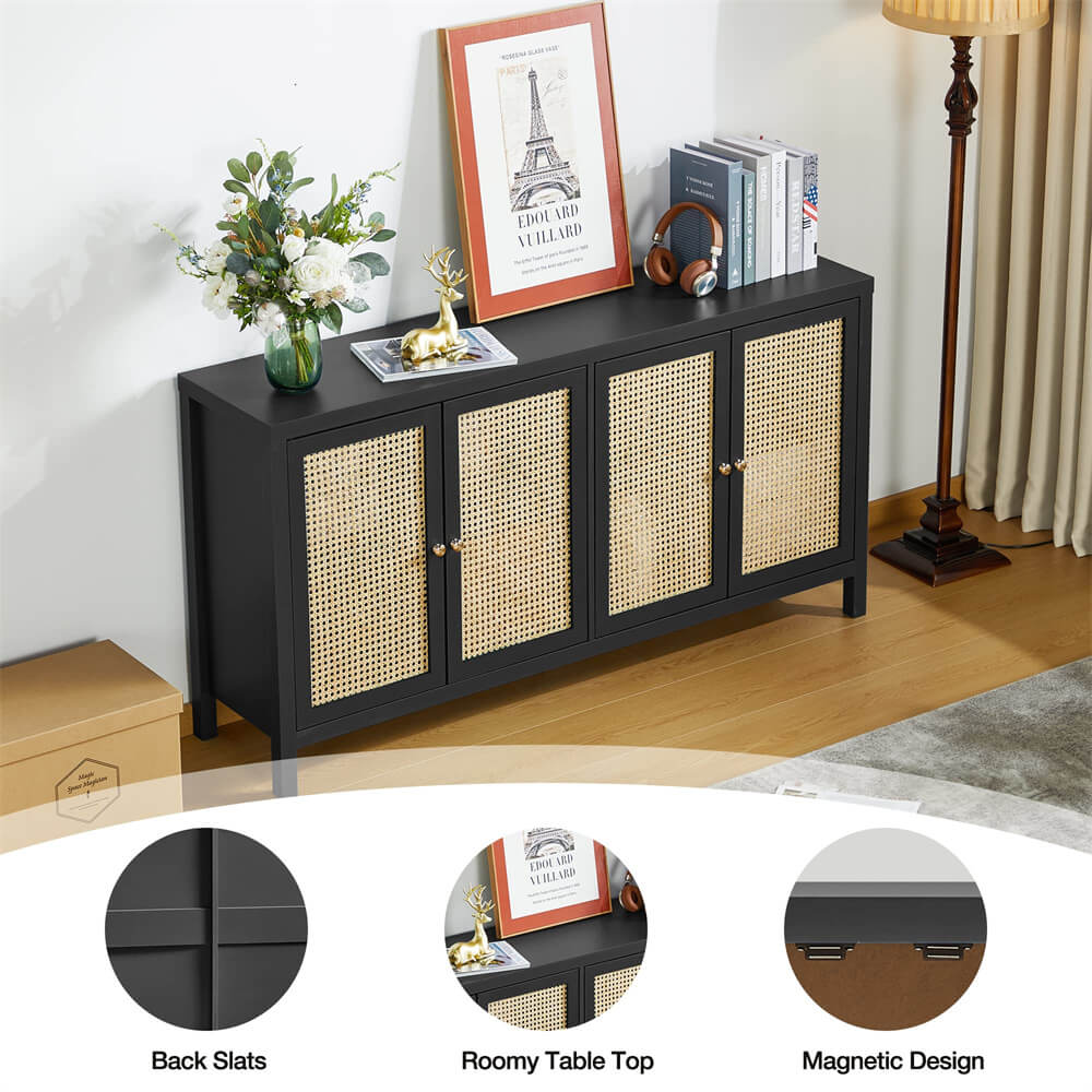 Rattan Storage Cabinet Sideboard Buffet Black with 4 Doors and Adjustable Shelves