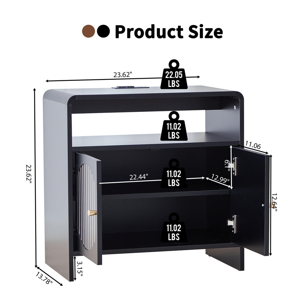 Black metal cabinet with dimensions and weight indicators on a white background