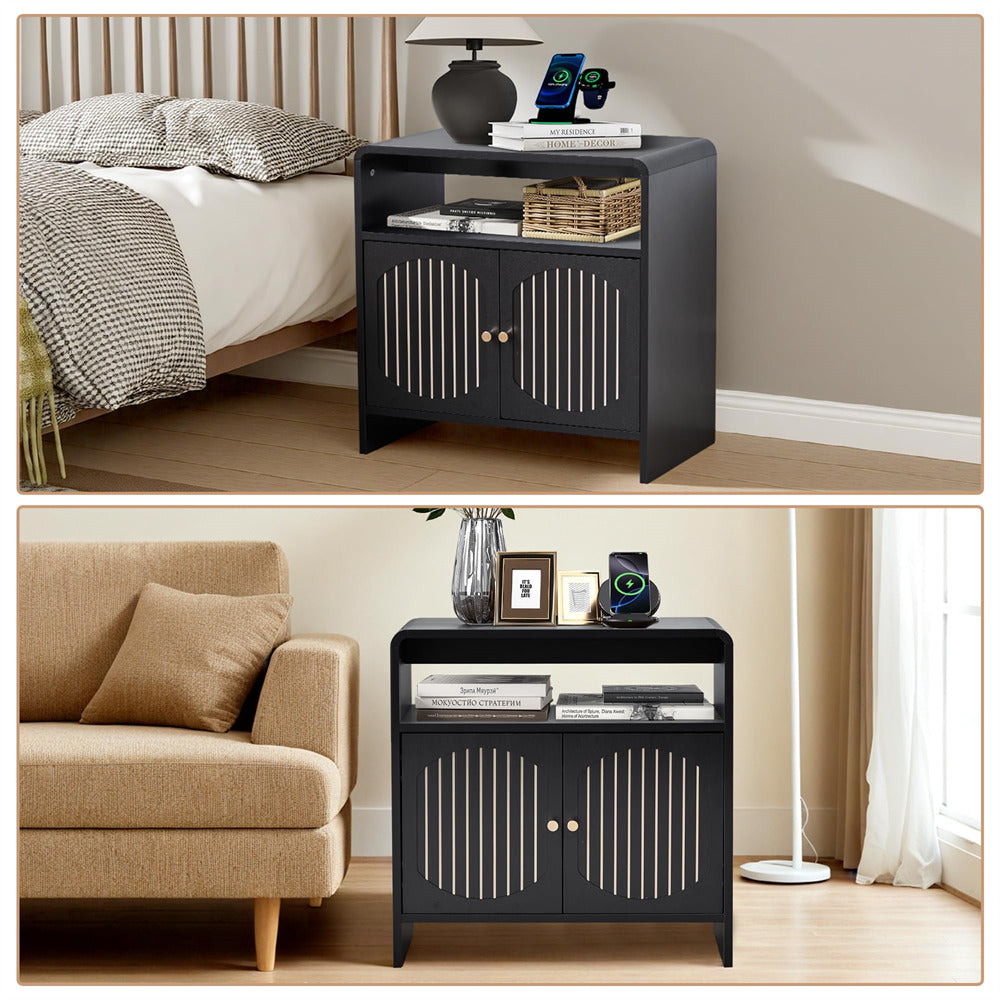 Black nightstand with decorative items in a bedroom setting