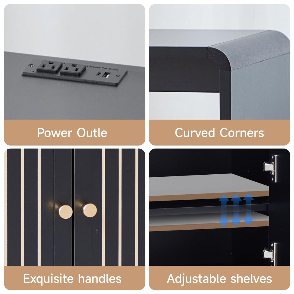 Collage of features including power outlet, curved corners, exquisite handles, and adjustable shelves on a piece of furniture.