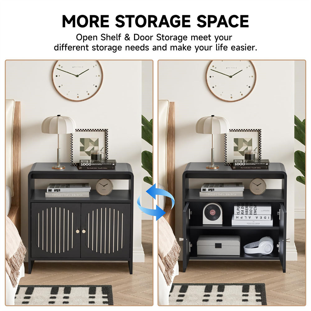 Black nightstand with open shelf and closed door, showing additional storage space.